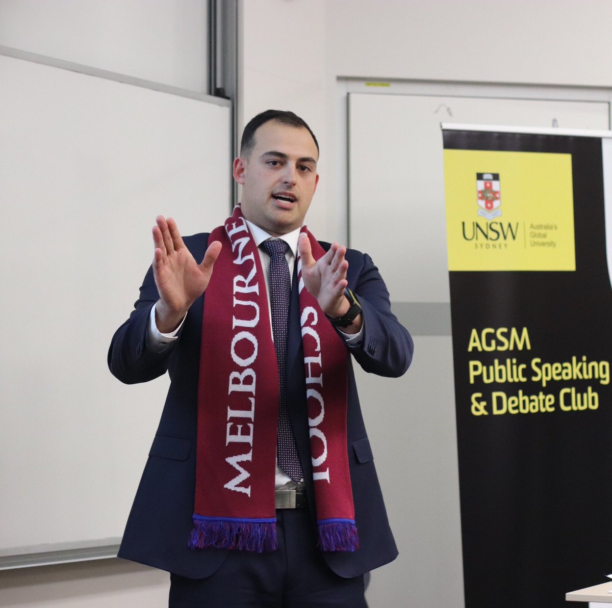 mbssrc's tweet photo. Michael Malone wrapping up @MelbBSchool #Debate team's stellar performance with brilliant summary of our arguments! #MBACup2017 https://t.co/fbztRWp0jj