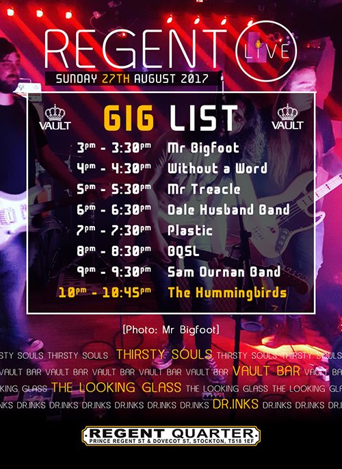 VaultBarTS's tweet photo. Ladies &amp; Gentlemen, our Gig List for #RegentLive. Get your tickets from the bar #VaultBarTS #RegentQuarterTS #LiveMusic #LiveBands https://t.co/jP18DGUy8R
