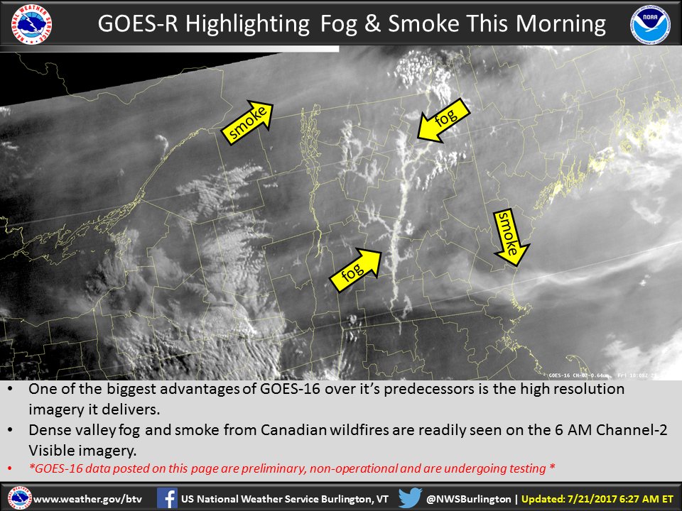 NWSBurlington's tweet photo. Dense valley fog and smoke from Canadian wildfires are readily seen on the 6 AM GOES-16 Channel-2 Visible imagery. #nonoperational https://t.co/m5RhZuszpk