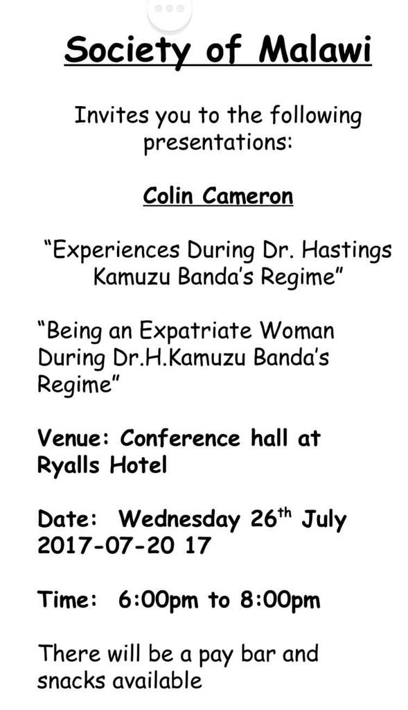 esafrican's tweet photo. A talk by Colin Cameron at the Ryalls Hotel. Colin was in the Malawi Cabinet under:
#Kamuzu
#WhatsOnBT #History #Ryalls https://t.co/l6HMyo5q25