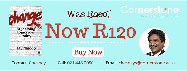 Cornerstone___'s tweet photo. Jay Naidoo's book is now available. Price is R120. Limited editions only! Contact Chesnay at chesnay@cornerstone.ac.za or call 021 448 0050. https://t.co/bvBO600xa3