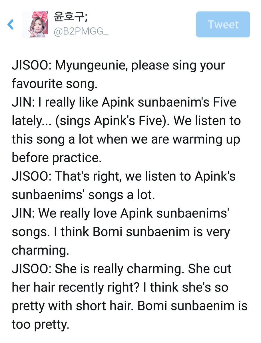 B2PMGG_'s tweet photo. [TRANS] Lovelyz's Jisoo and Jin, talking about their love for Apink and Bomi on their V App Broadcast. https://t.co/BO31Lg4MpV
