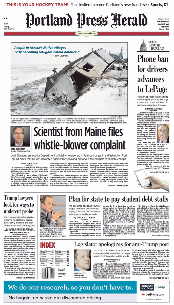 Today's Portland Press Herald front page, Friday, July 21, 2017 ...