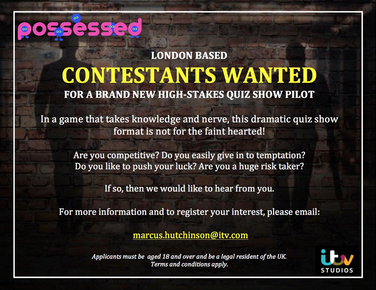CastPossessed's tweet photo. @TVcastingcalls Pls RT: London based contestants wanted for a brand new quiz show pilot. https://t.co/MkfZ2tRStT