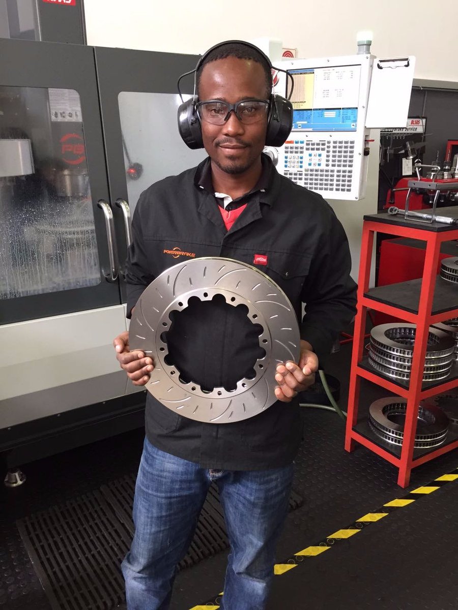 PowerbrakeSA's tweet photo. Powerbrake CNC operator Thabo Ledwaba holding our new 380x34mm Gen II 72 vane race disc, fresh off the machines. https://t.co/jSjmppjejW