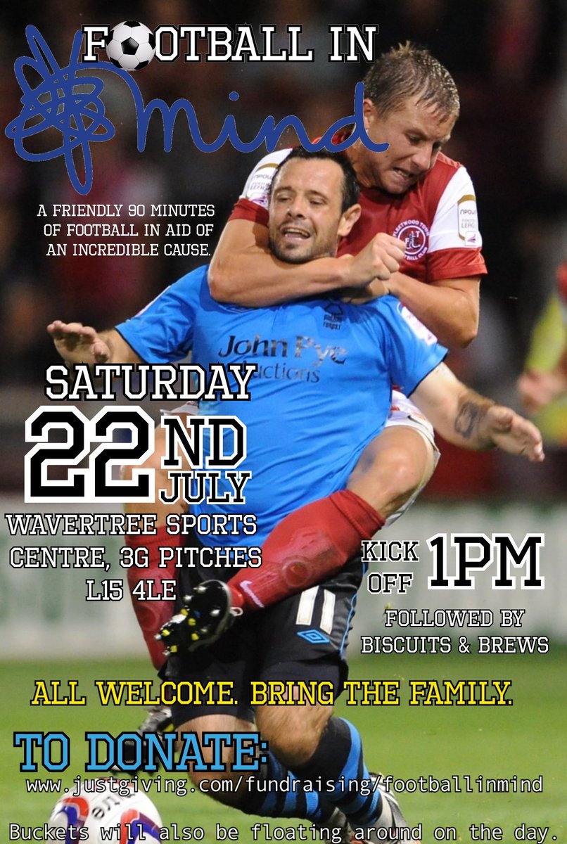 kieferlewis's tweet photo. This Saturday lunchtime: @MindCharity @LR_MerseyCare #mentalhealth #BreakTheStigma2017 #FootballInMind @Everton @EITC #funforthefamily https://t.co/dGN2a0oDih