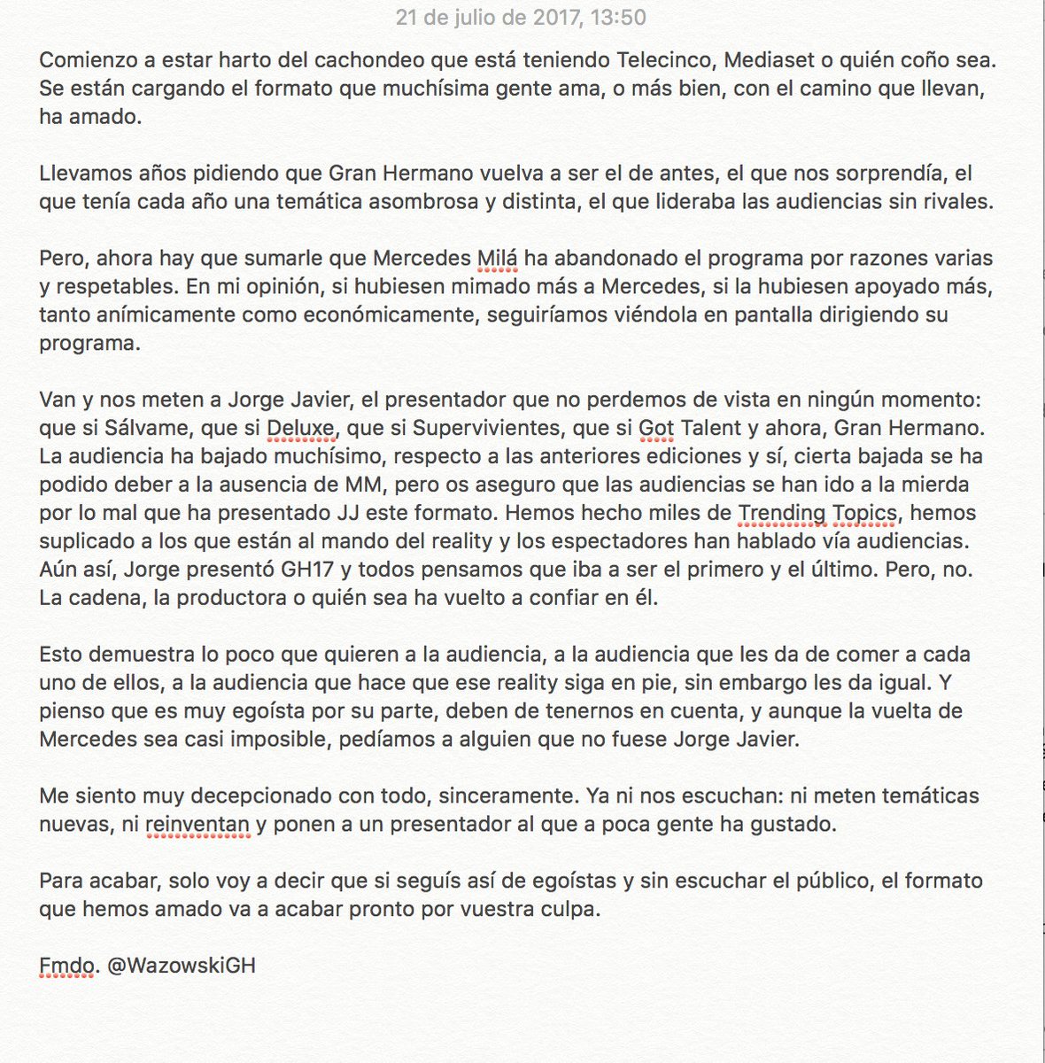 WazoGH's tweet photo. Me veía en necesidad de expresar mi decepción hacia GH. #GHRevolution #CastingGH #CastingGH18 #GH18 https://t.co/4djtuWlC5X