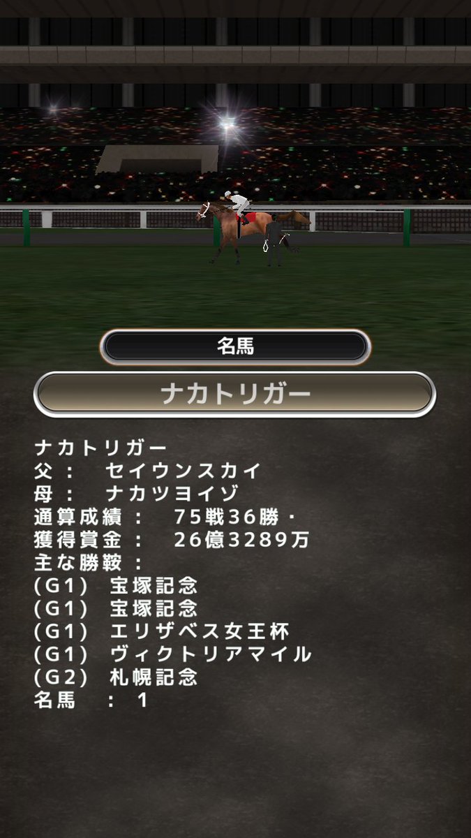 馬名：ナカトリガー
称号：名馬
父：セイウンスカイ
母：ナカツヨイゾ
主な勝鞍：凱旋門賞
derby-road.jp
#ダービーロード #競馬ゲーム