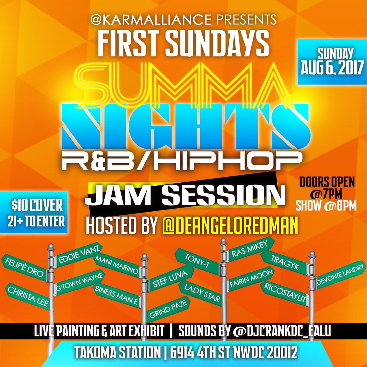 DeAngeloRedman's tweet photo. First Sundays, "summa nights", August 6, crazy lineup @TakomaStation. Host by yours truly. Be there! https://t.co/hlddwFLtHa