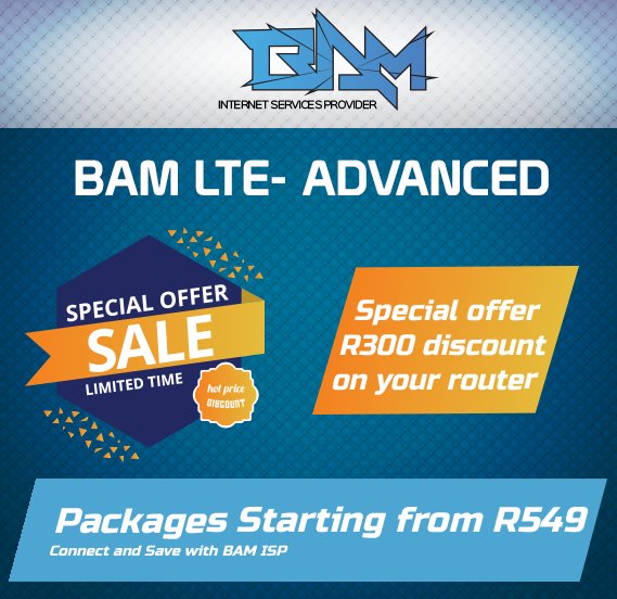 BAM LTE-A router discounted! Save R300 on your router while stocks last.  Like the sound of that? Sign Up Today at bam-isp.co.za