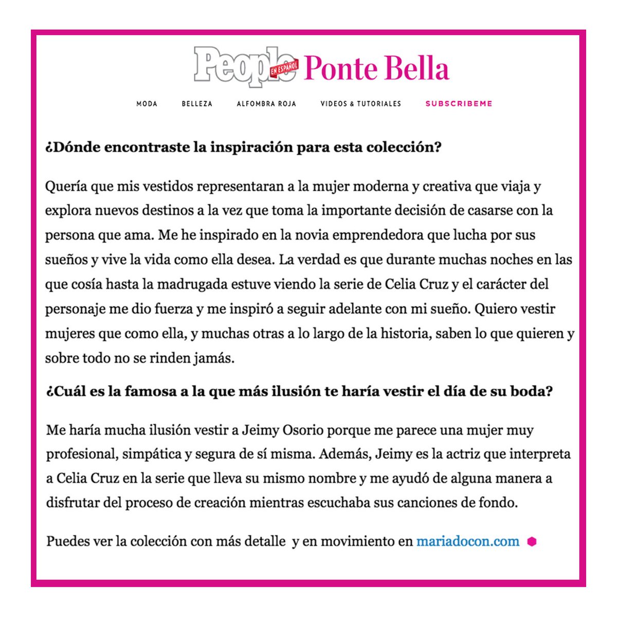 mariadocon's tweet photo. Gracias @peopleenespanol por el artículo! 💕 #PonteBella #VestidosDeNovia  #Inspiración #CeliaCruz @jeimyosoriooficial @celiatlmd https://t.co/LZHarXllPg