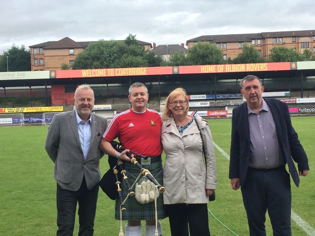 1_elainesmith's tweet photo. Pleased to welcome @StuMcMillanSNP to Cliftonhill home of the Wee Rovers @albionrovers today for #Pipeathon2017 https://t.co/YEjPN5lkwP https://t.co/FP7AYMeKBc
