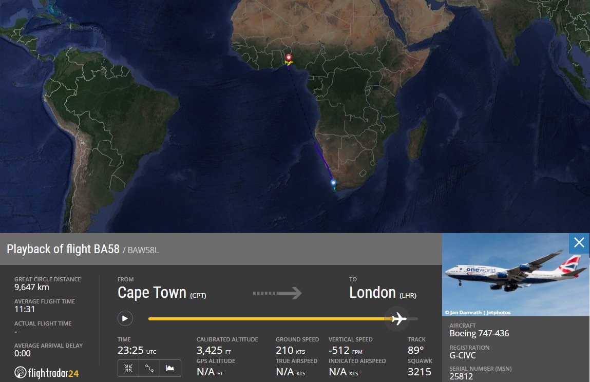 AirportWebcams's tweet photo. #BA58 Cape Town-London Heathrow (747-400 G-CIVC) diverted to Lagos at 2330UT last night due medical emergency. Landed at LHR 0726UT today. https://t.co/dSiE95xppN
