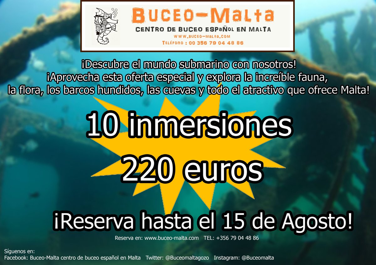 Buceomaltagozo's tweet photo. ¡Tras el éxito de la última oferta que lanzamos,volvemos a repetir!!! 220€ 10 inmersiones!!Reserva antes del 15 de agosto!#buceo #Malta https://t.co/b8MtBqE4aT