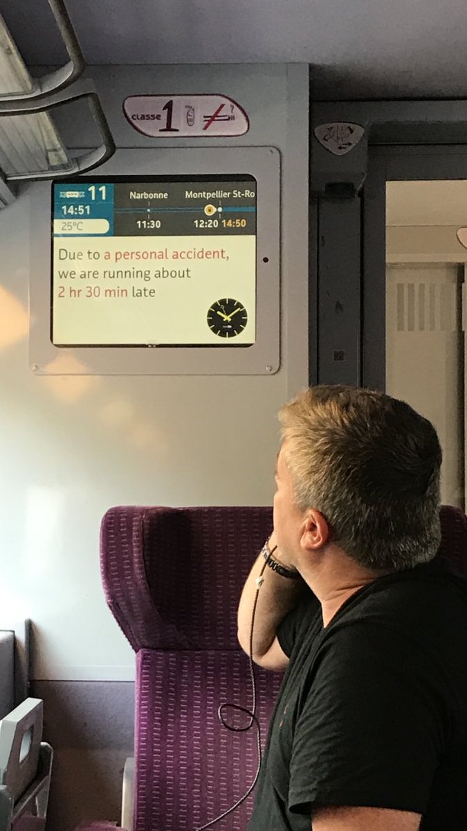 ericprydz's tweet photo. Due to some big accident, the French trains from south are all standing still.. been locked in here for over 2h.  Starting to get stressed.. https://t.co/ekc6WetJok