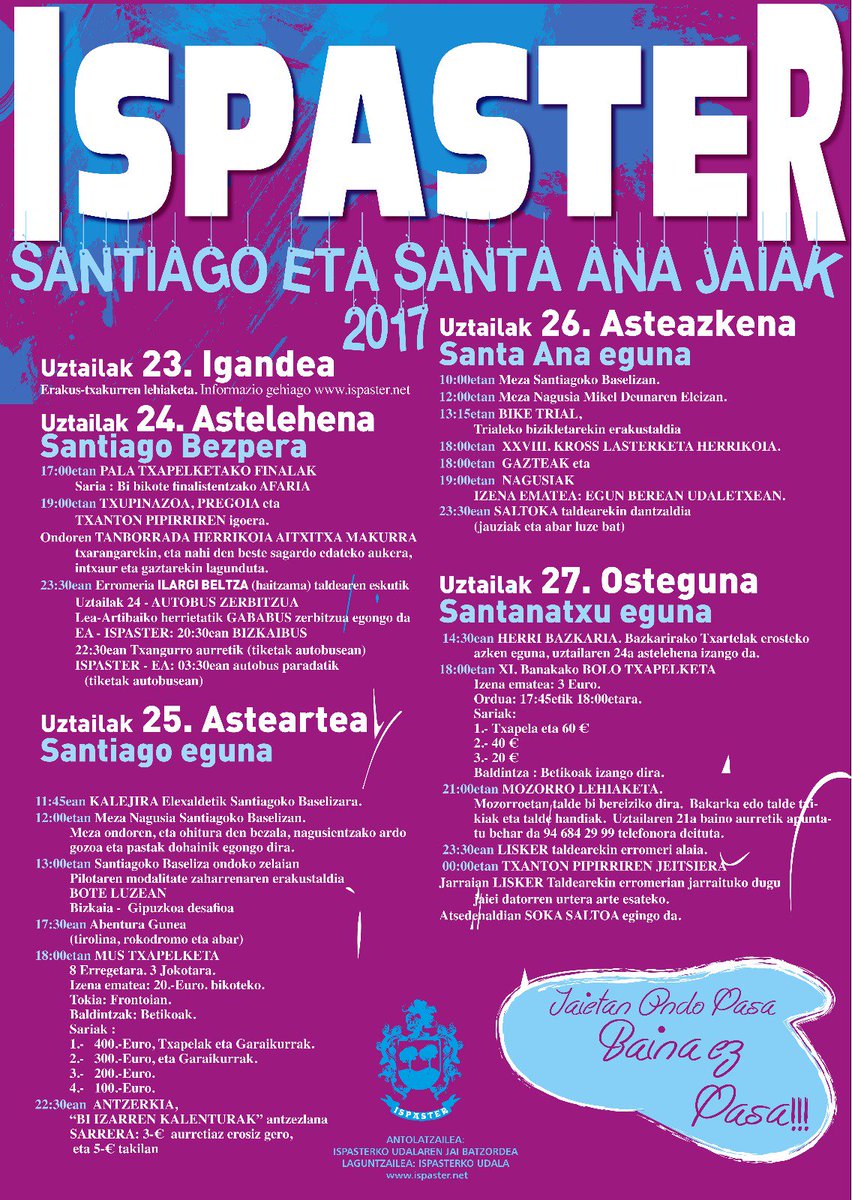 GarbineIspaster's tweet photo. Badatoz #Ispaster'ko #Santiago ta #SantaAna Jaiak! Astelehenean #TxantonPipirri'ren igoera! https://t.co/g8PLv5j3lw