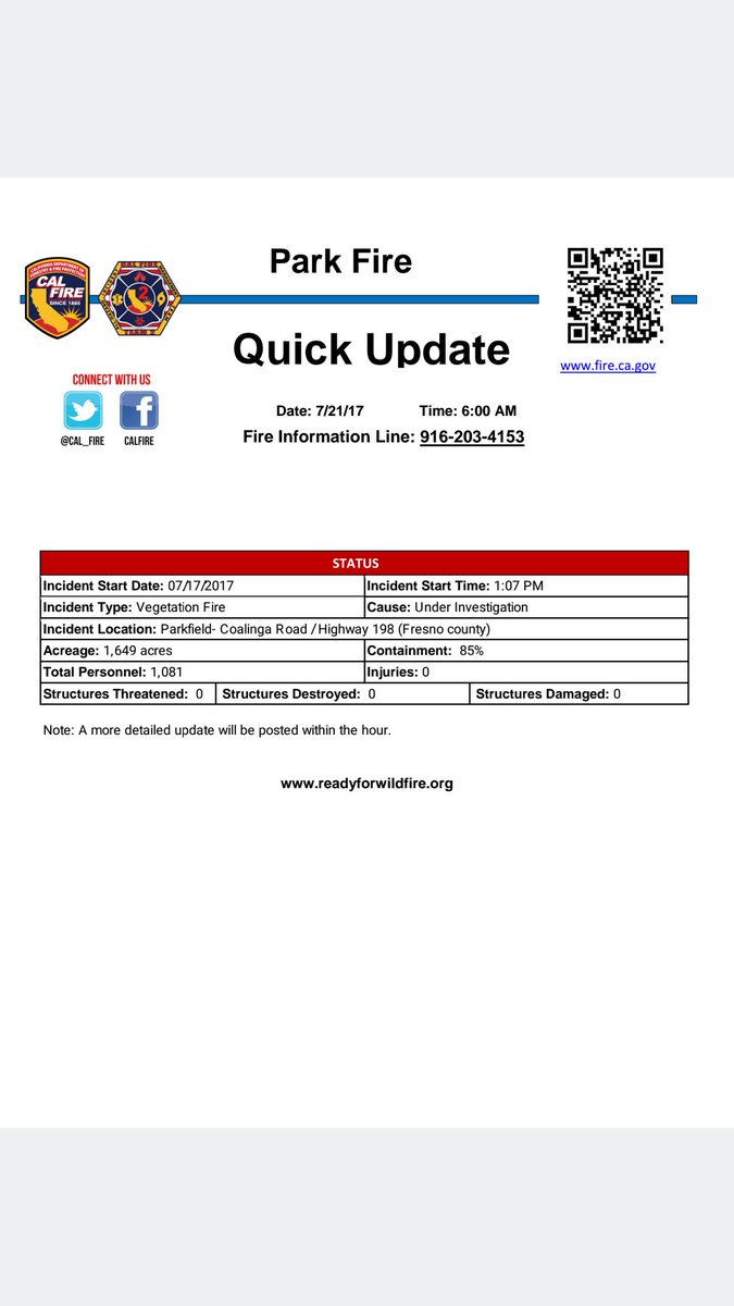 FresnoCoFire's tweet photo. #PARKFire  [update] 1,649 acres burned, 85% contained. #CALFIRE #CALFIREBEU https://t.co/xfgNWwnU2G