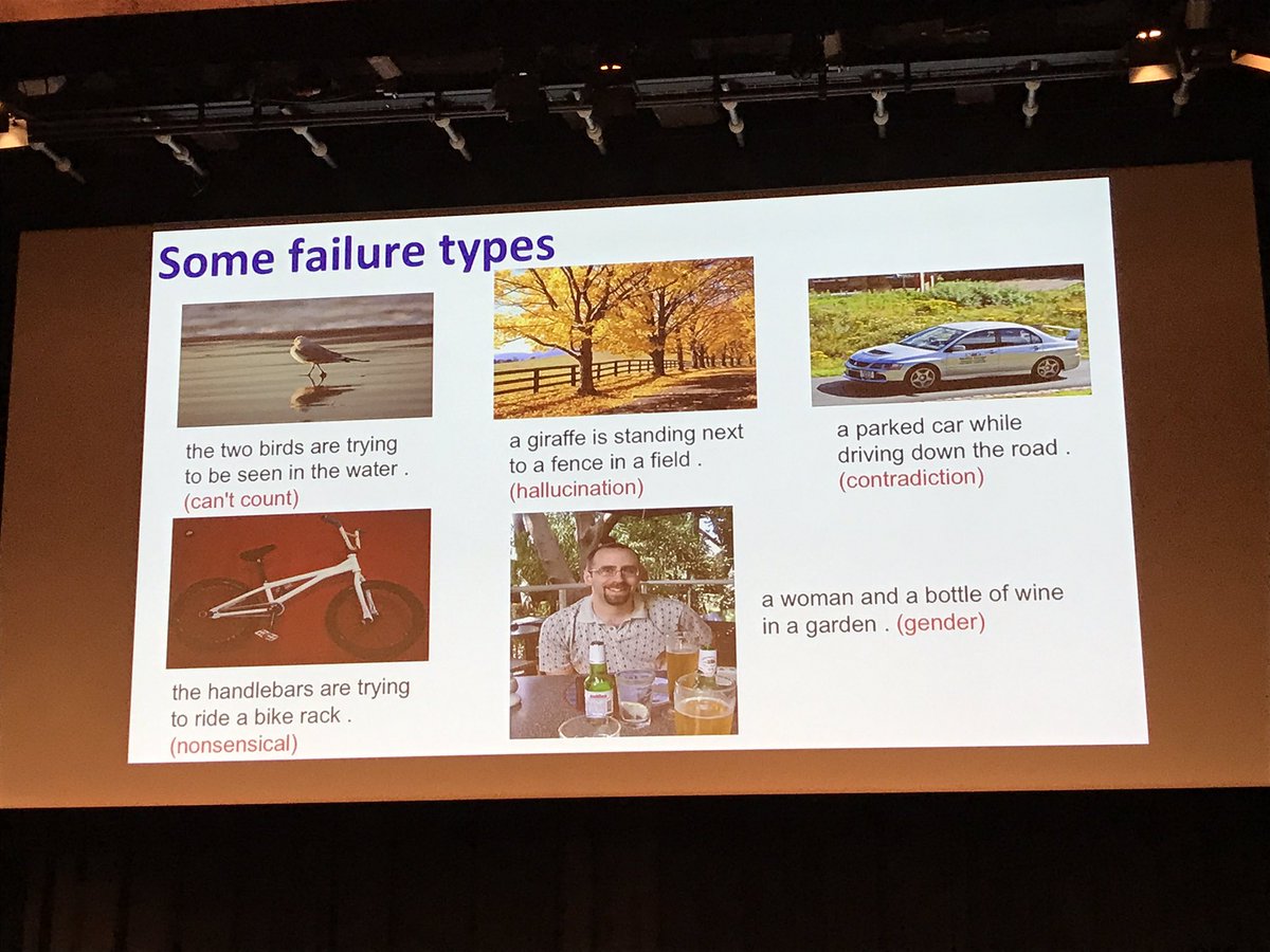 Glunya's tweet photo. Automatically generated image captions successes and failures #deeplearning @DeepLearn2017 #RichZemel #Zemel #deeplearn2017 https://t.co/y2A1c9u4TT