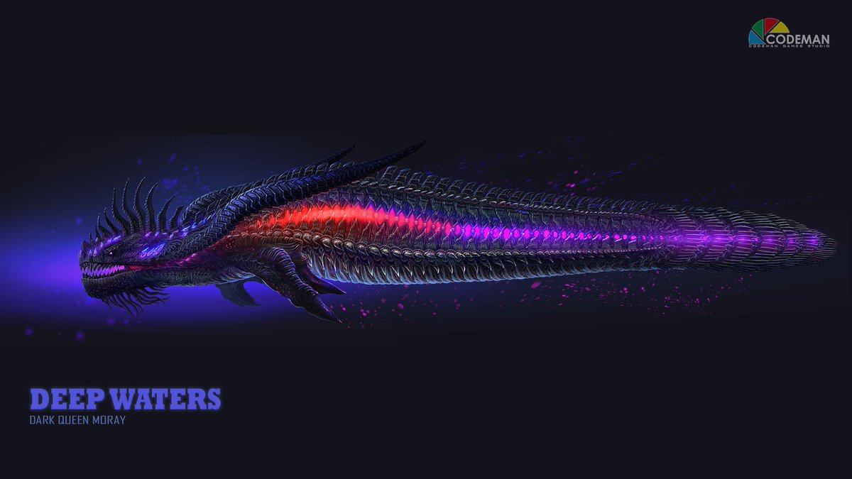 DeepWatersGame's tweet photo. Dark Queen Moray (new design) #codemangames #deepwaters #monster #moray #gamedev #indiegame #underwater #screenshotsaturday #conceptart https://t.co/mOslAqeyQn