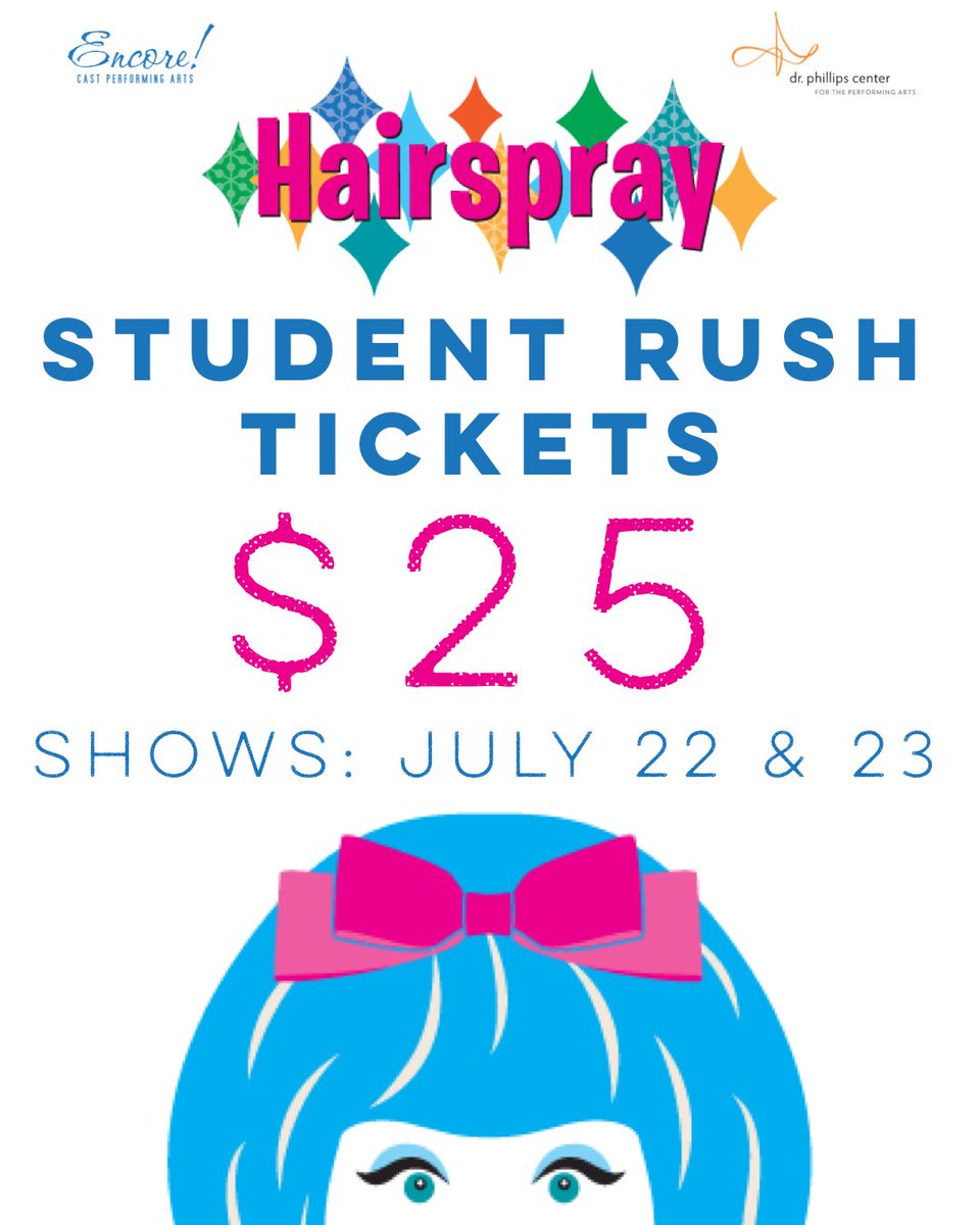 DrPhillipsCtr's tweet image. Student rush tickets available this weekend for Hairspray. drphillipscenter.org/hairspray