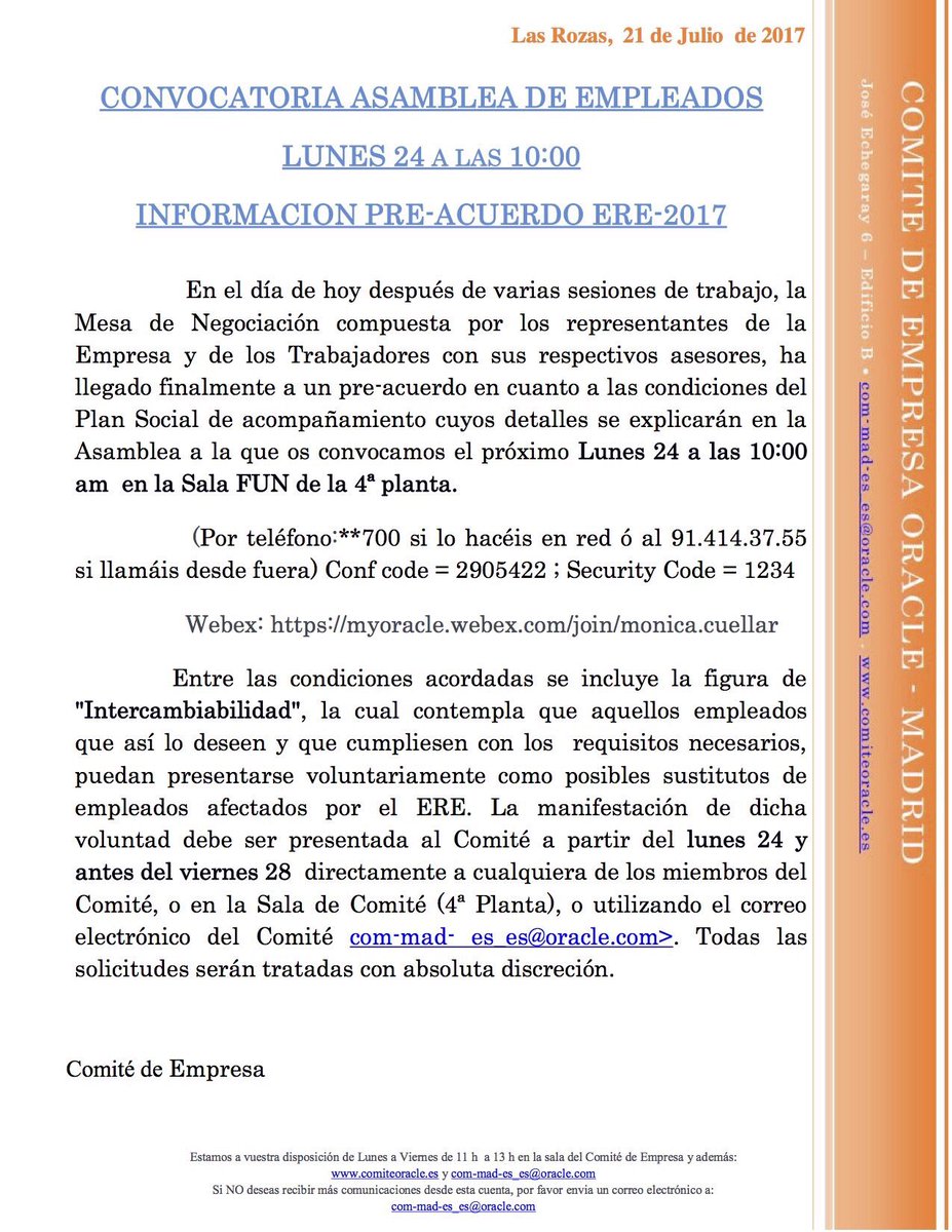 ComiteOracle's tweet image. CONVOCATORIA ASAMBLEA DE EMPLEADOS LUNES 24 A LAS 10:00 INFORMACION PRE-ACUERDO ERE2017 comiteoracle.es/ere-2017 #OracleERE2017 #ComiteOracle