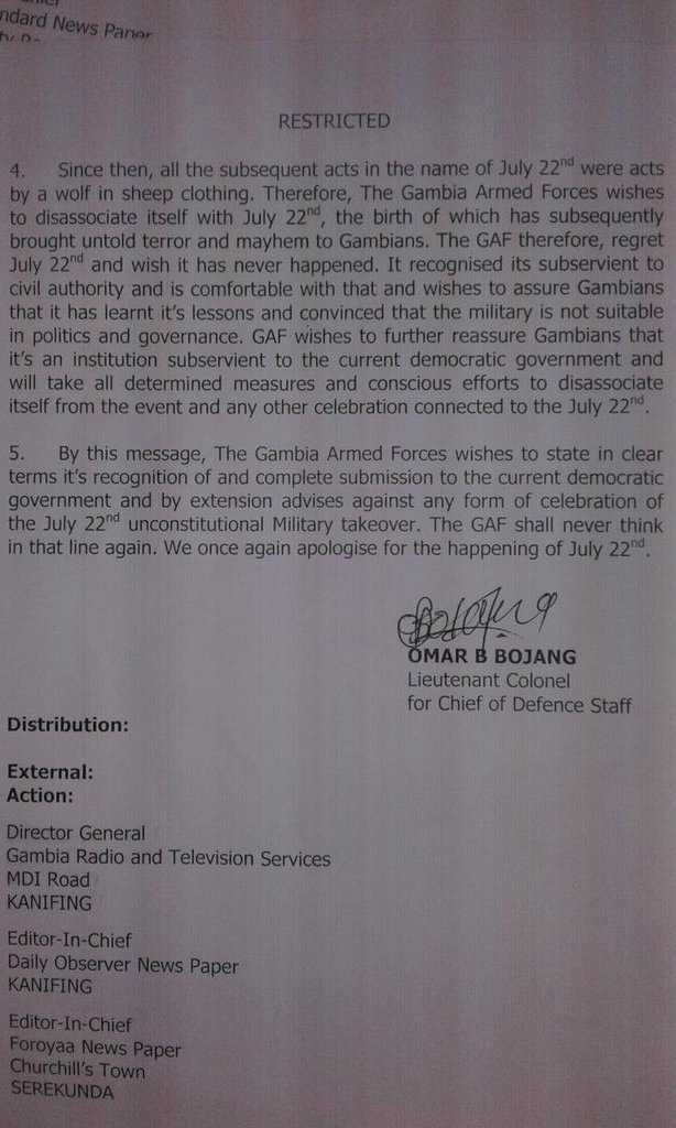 #Gambia Armed Forces apologises for the 1994 Yahya Jammeh-led coup - the first time in 23 years!