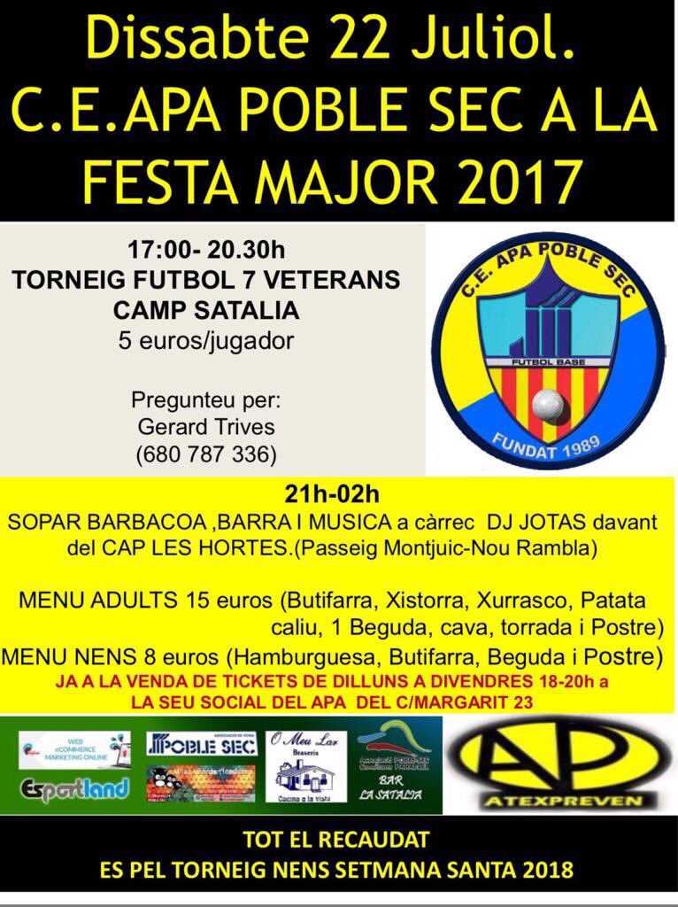 apapoblesec's tweet photo. Demà dissabte barbacoa oberta a tothom. Si no podeu venir us esperem encara que sigui a gaudir de la festa! 
#femBarri #FMpoblesec17 https://t.co/0NPz2hrgV9