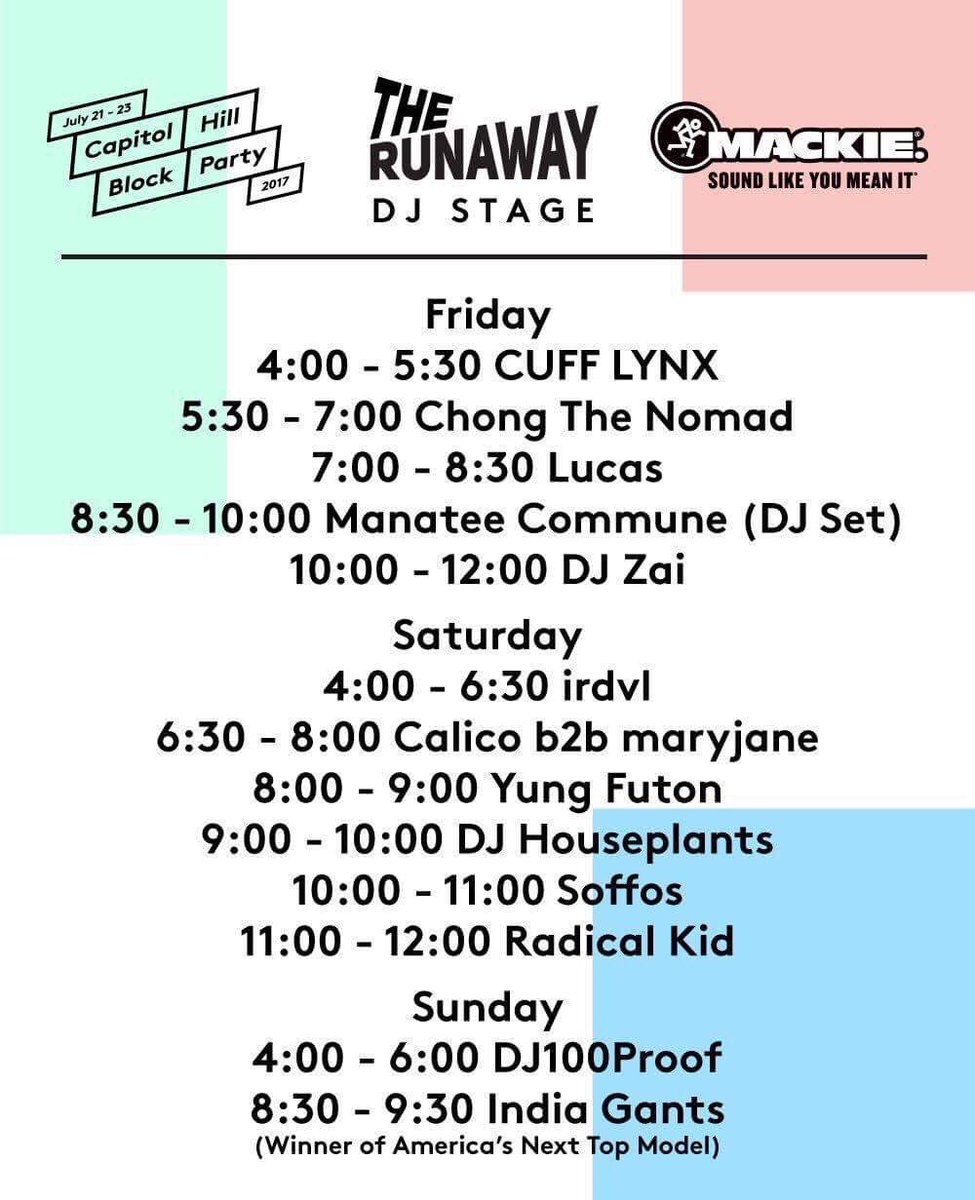 DJing the <a href="/TheRunawaySea/">The Runaway</a> Stage at 4PM. Then catch our live set tonight at Barboza. <a href="/CHBlockParty/">Capitol Hill Block Party</a> / 9:30PM.