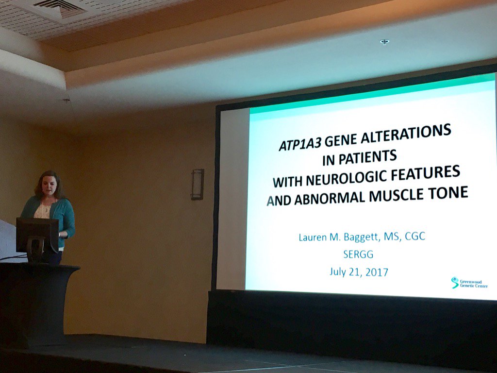 GreenwoodGenCtr's tweet photo. Lauren Baggett discussing ATP1A3 gene and neurological features #SERGG https://t.co/FmCI1GWCTQ