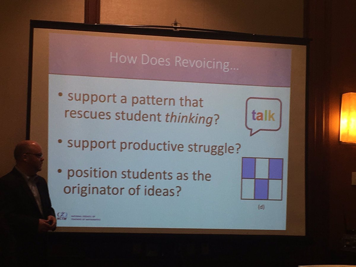 mcpsElemMath's tweet photo. Revoicing = acting as a mirror for student thinking, right or wrong. Encourage metacognition. @JohnSanGiovanni #NCTM #NCTMINST https://t.co/tyQj7C19gE