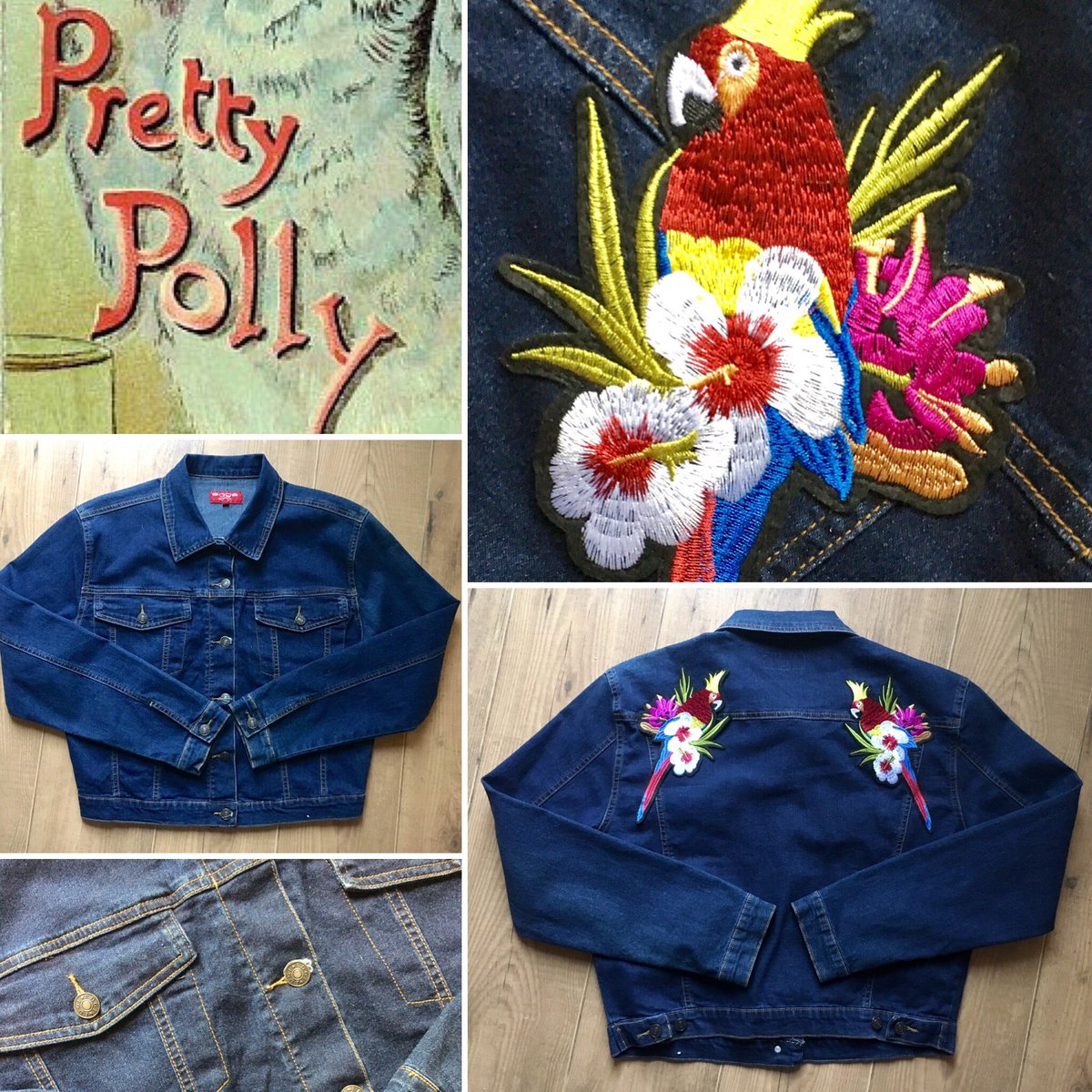 Parrot fashion-Tropical inspired denim jacket, embellished with colourful parrot and flower design. #quintonclothing #denimjacket #style