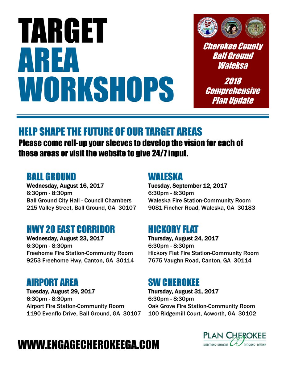 Come help shape the future of your city! Ball Ground Target Area Workshop for the Comprehensive Plan Update will be 08/16/17 at 6:30pm.