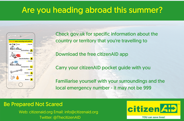 ThecitizenAID's tweet photo. Follow these simple steps to prepare yourself if you're going away this summer #bepreparednotscared https://t.co/k4dTJKN8S9