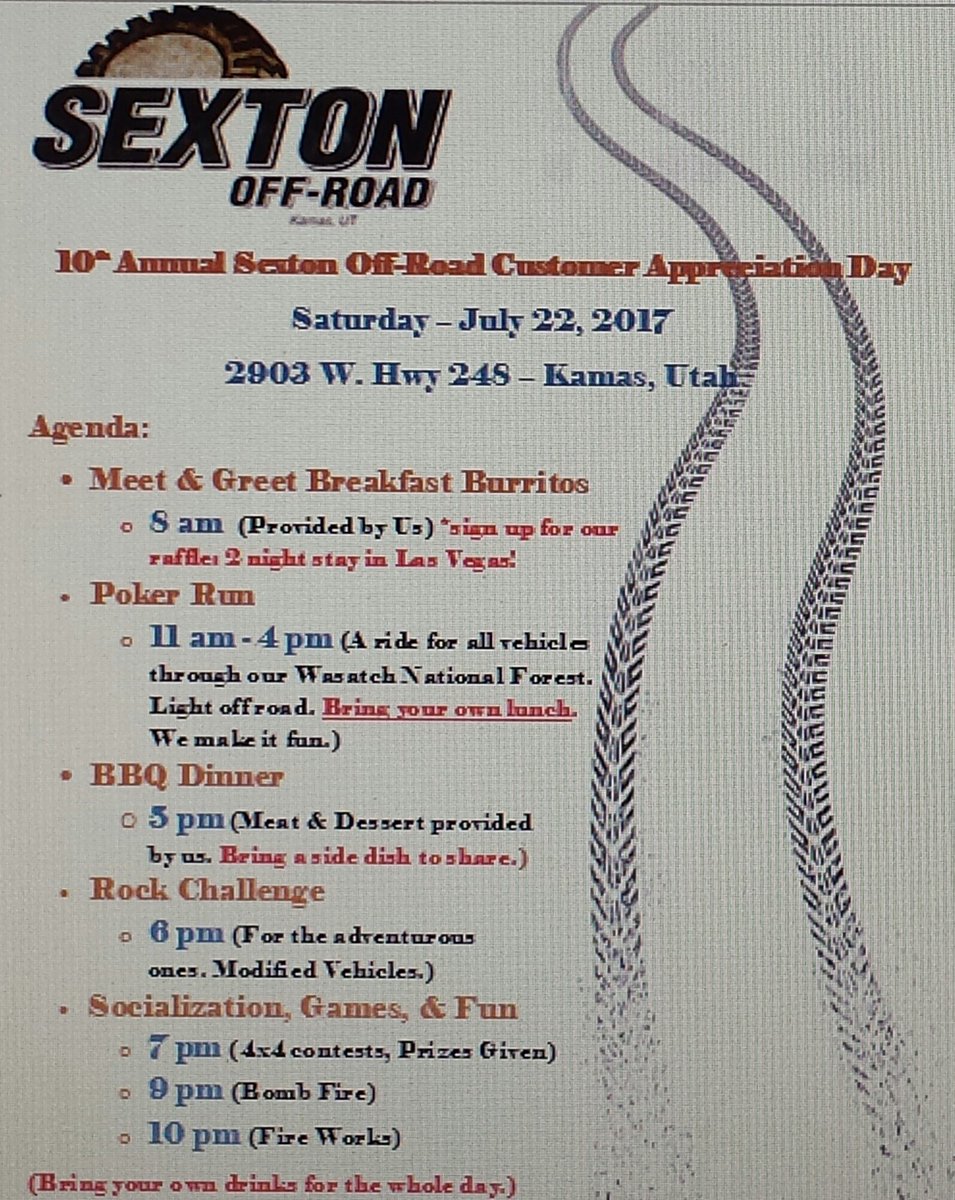 SextonOffroad's tweet photo. Tomorrow, Customer Appreciation Day...join us for the fun!! FREE Car show in Kamas too 9-3 at least Stop in at the shop &amp; say hello 🙋 https://t.co/myEJnZUnDs