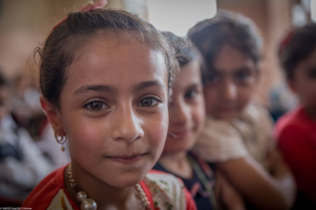 UNICEF's tweet photo. #Iraq: "I want to become an engineer to help rebuild my city” Aysha, 8, who attends a UNICEF-supported primary school in Mosul @UNICEFiraq https://t.co/O8VMxAVh4i