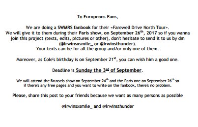 LauriesEmotions's tweet photo. ⚠FANBOOK PROJECT⚠
We're doing a SWMRS fanbook for all European fans so if you wanna join this project dm me or @Irwinsthunder ✌
RT QUOTE FAV https://t.co/WHQq37u7Qb