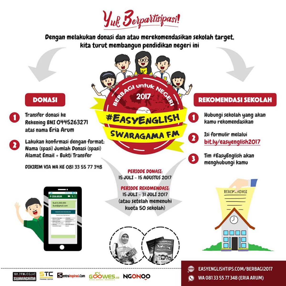 Cara berpartisipasi di #easyenglish  <a href="/swaragamafm/">SWARAGAMA 101.7 FM</a> ini bisa dengan 2 cara: donasi sama rekomendasi sekolah target pengiriman DVD