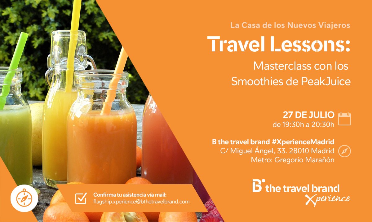 bthetravelbrand's tweet photo. EL día 27, refréscate con los ricos smoothies de @Peakjuice en nuestro #TravelLesson de #XperienceMadrid https://t.co/Jho5D4WO2m https://t.co/YXat8ZeyVF