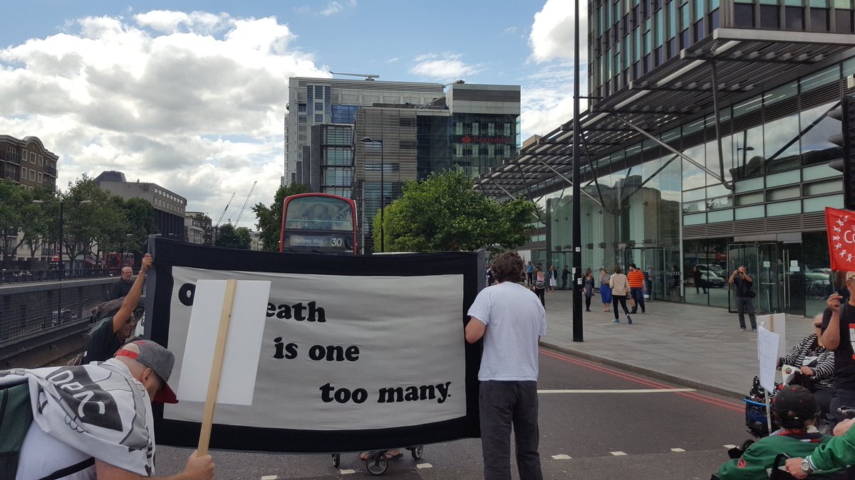 deafpassenger's tweet photo. Blocking Euston Road to protest against ATOS #SummerofDiscontent #ATOSKILLS #CutsKill #NotOneMoreDay https://t.co/RZBXqVpWRq