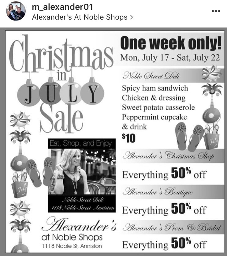 MSAnniston's tweet photo. Alexanders Christmas in July sale goes on through tomorrow, check out all their deals! https://t.co/2LAsAjGgQ0
