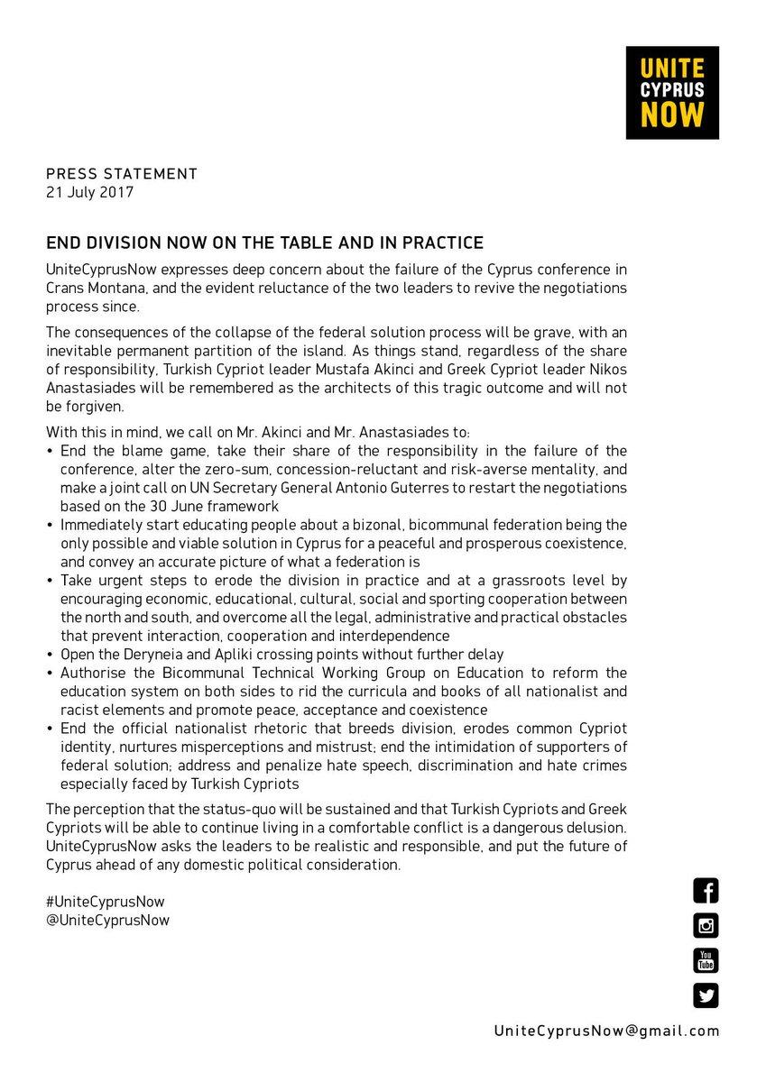 UniteCyprusNow's tweet photo. PRESS STATEMENT
End division now on the table and in practice
@MustafaAkinci_1 @AnastasiadesCY #UniteCyprusNow https://t.co/zTDjMnHHEy