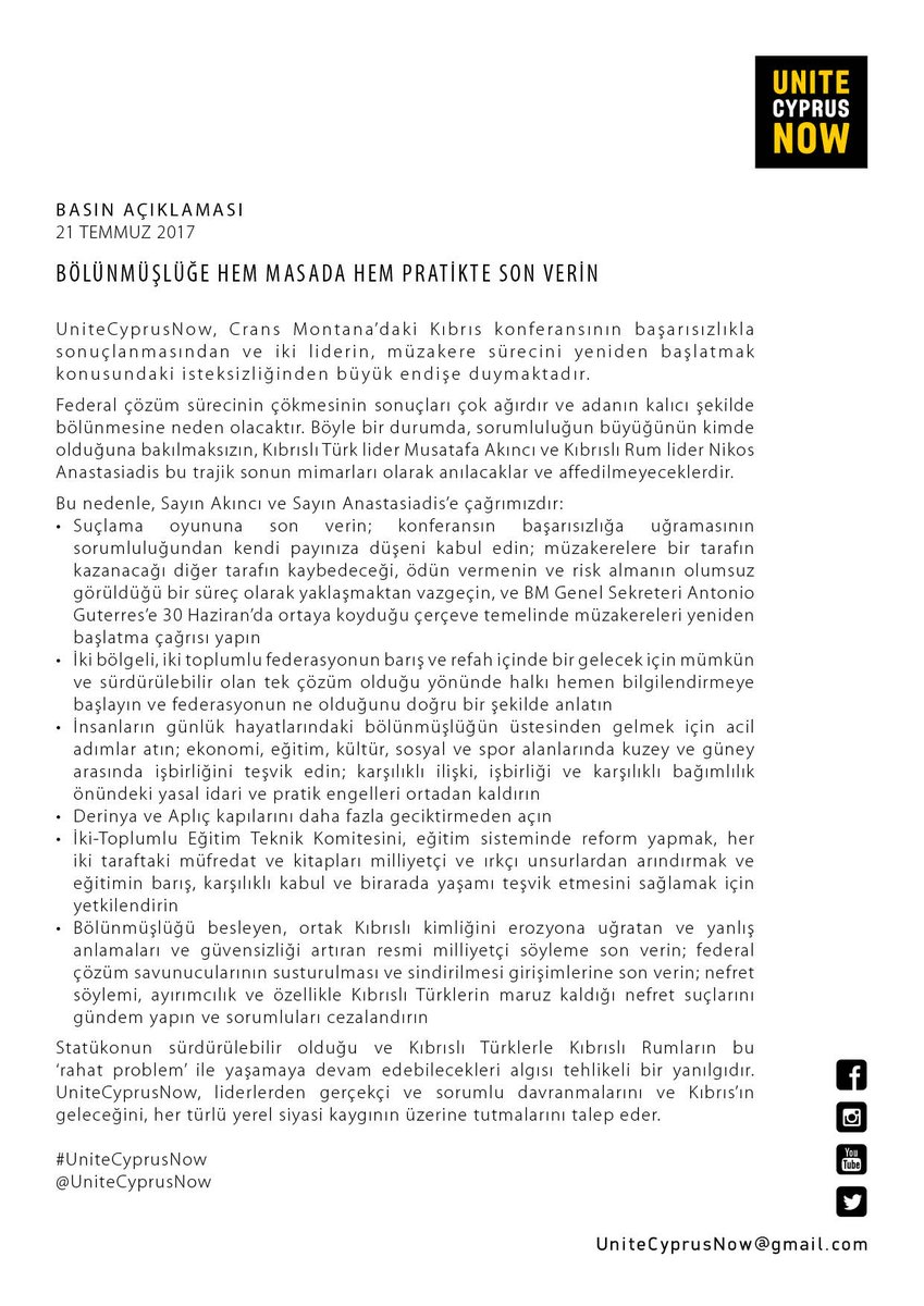 UniteCyprusNow's tweet photo. PRESS STATEMENT
End division now on the table and in practice
@MustafaAkinci_1 @AnastasiadesCY #UniteCyprusNow https://t.co/zTDjMnHHEy