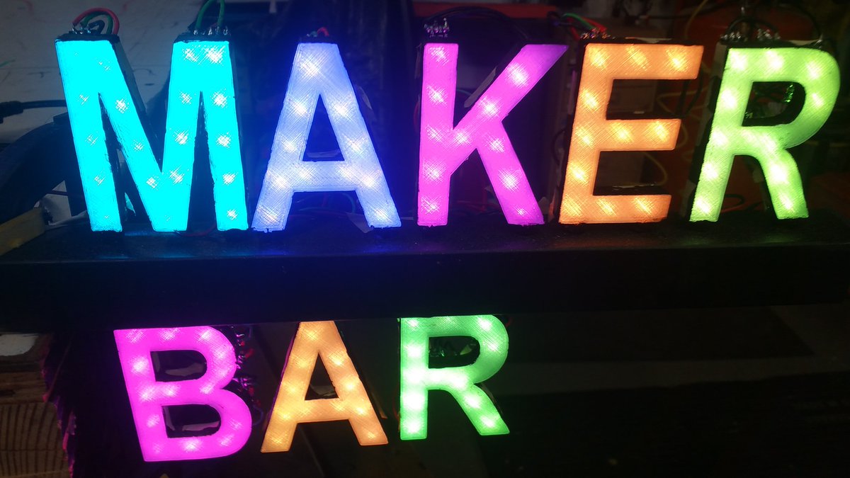 Makerbar's tweet photo. New MakerBar sign online, arduino controlled rgb's encased in 3D printed tglass letters... Great work MB member Ken!!! #MakerBar #Fancy https://t.co/4jFgrlGMhg