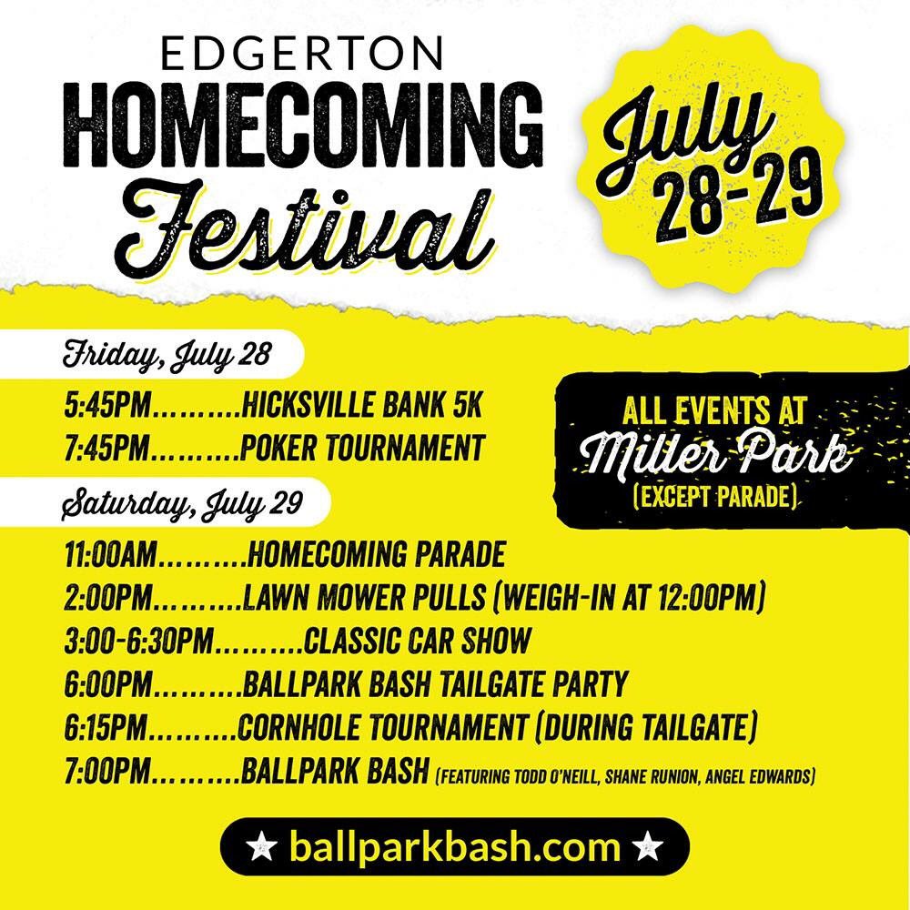 EdgertonChamber's tweet photo. Our '17 Homecoming Festival is just a week away! Check the schedule and join in the fun! #BallparkBash https://t.co/iChsjY31Cm
