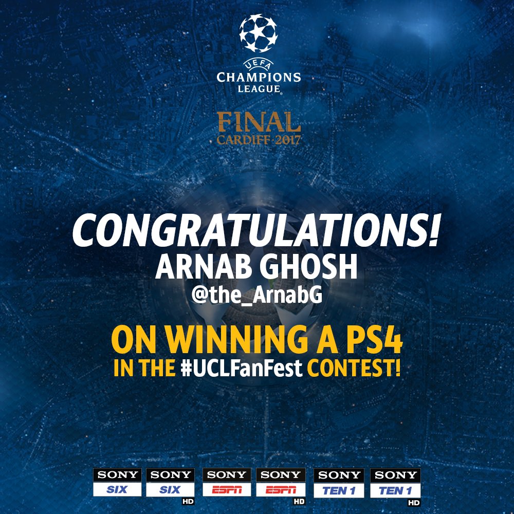 SonySportsNetwk's tweet photo. Congratulations to @the_ArnabG on winning a PS4 in the #UCLFanFest contest! https://t.co/yEZDpLFP3o