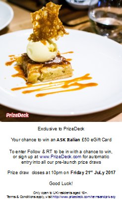 prizedeck's tweet photo. Last day to enter our #ASKItalian giveaway. Ends 10pm tonight! Follow &amp; RT to be in with a chance to win a £50 Ask Italian eGift card. https://t.co/691xisMqTj