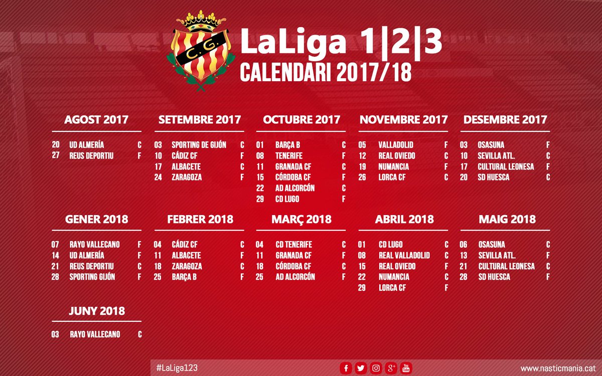 Calendari del Nàstic per aquesta nova temporada 2017-2018. #LaLiga123