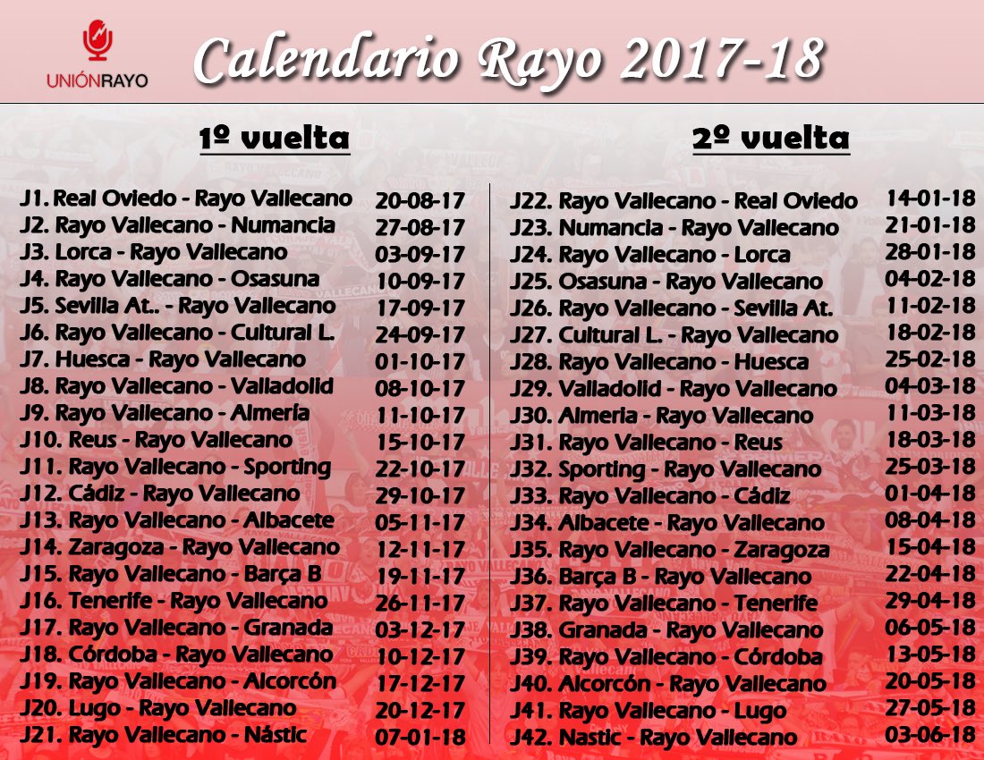 UnionRayo's tweet photo. 📷 Calendario del @RVMOficial para la temporada 2017-18 de LaLiga 123: https://t.co/dzsrmxu89H