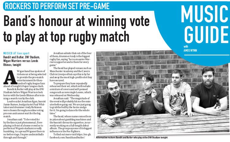 amos_wynn's tweet image. My interview with @BanditandButler in Wigan Evening Post, ahead of their gig before @WiganWarriorsRL match tonight