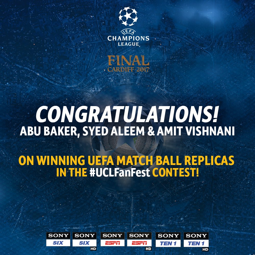 SonySportsNetwk's tweet photo. Congratulations to @AbuCric, @DumBum3312 nd @AmitVishnani1 on winning UEFA Match Ball Replicas in the #UCLFanFest contest! https://t.co/PagGHDpLQj